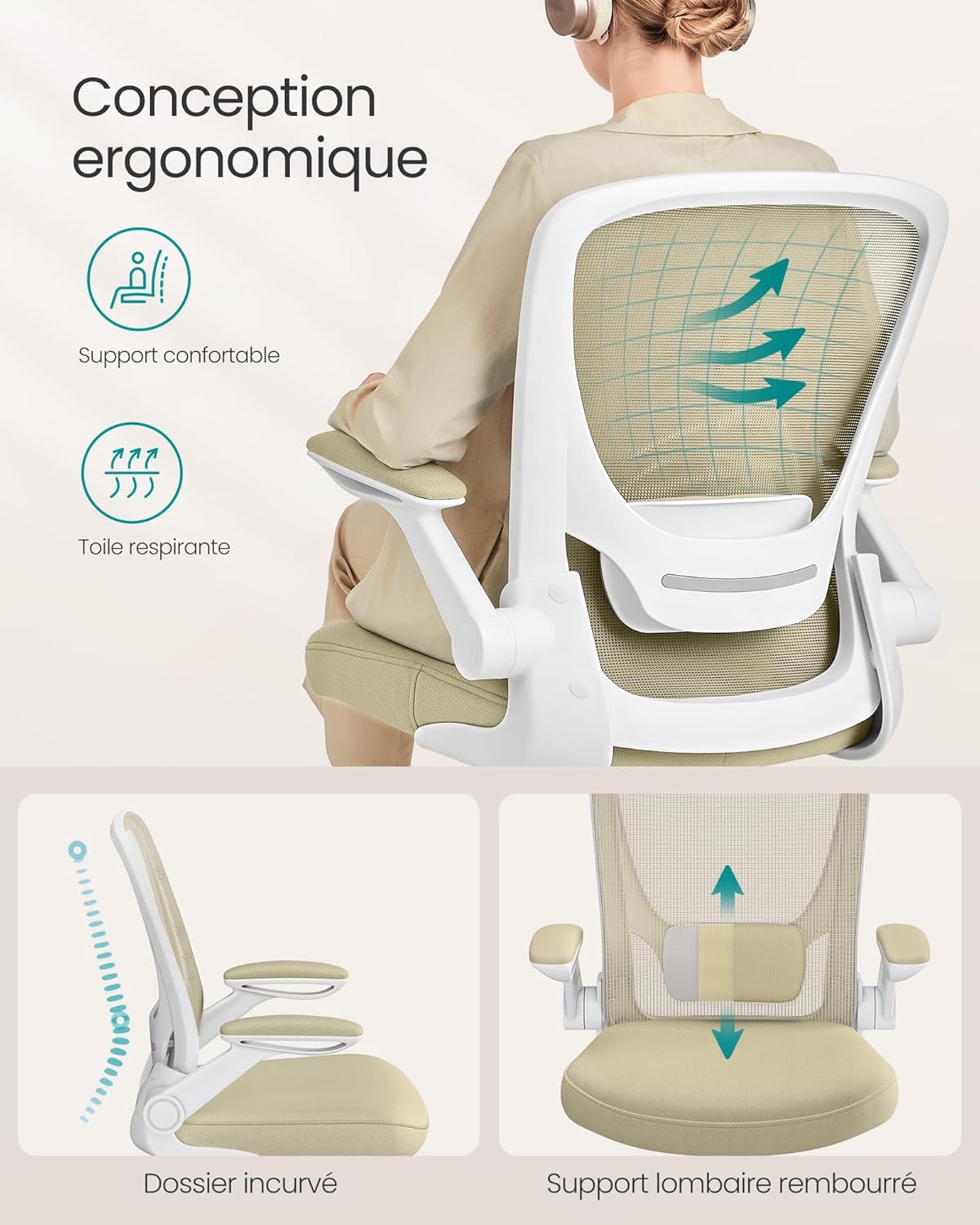 SONGMICS - chaise de bureau ergonomique - 53cm - maille, support lombaire, accoudoirs rabattables, OBN037K02