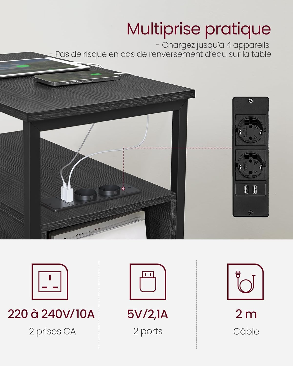 VASAGLE - table d’appoint fine 2 tiroirs, multiprise, gris/noir - LET325B22