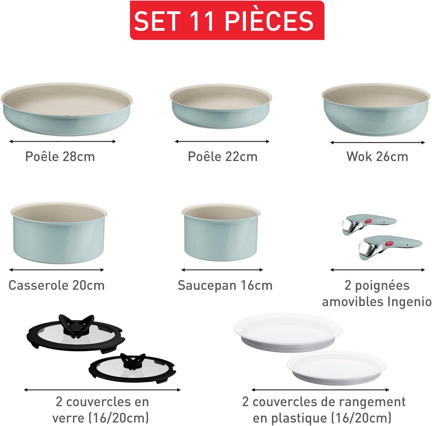 Tefal - Ingenio Serenity batterie cuisine 11pcs, poignées amovibles, induction, L828SB04