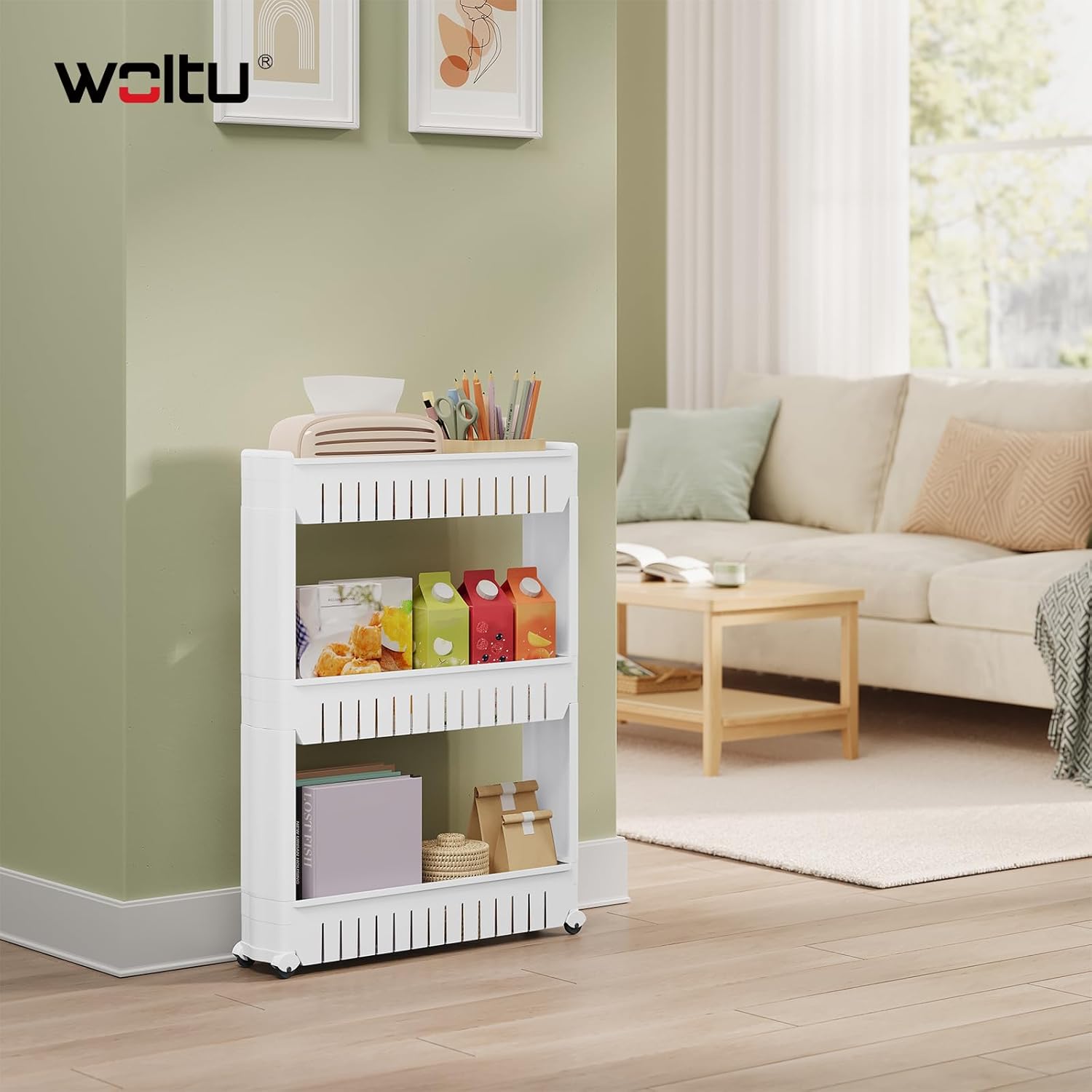 WOLTU - étagère de niche roulante 3 compartiments, blanc, compacte