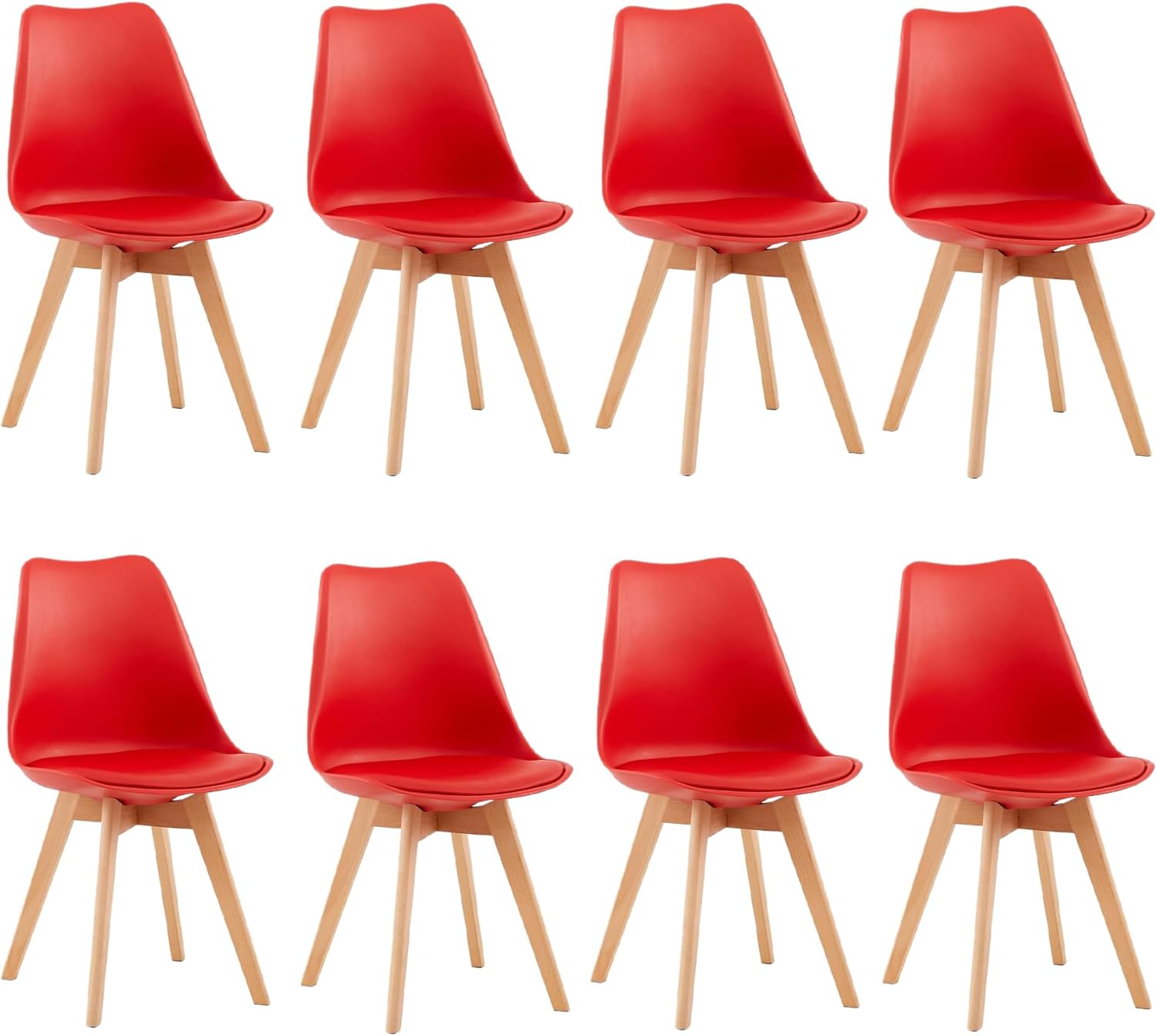EGGREE - chaises scandinaves lot de 8 - bois hêtre, rouge, rembourrées