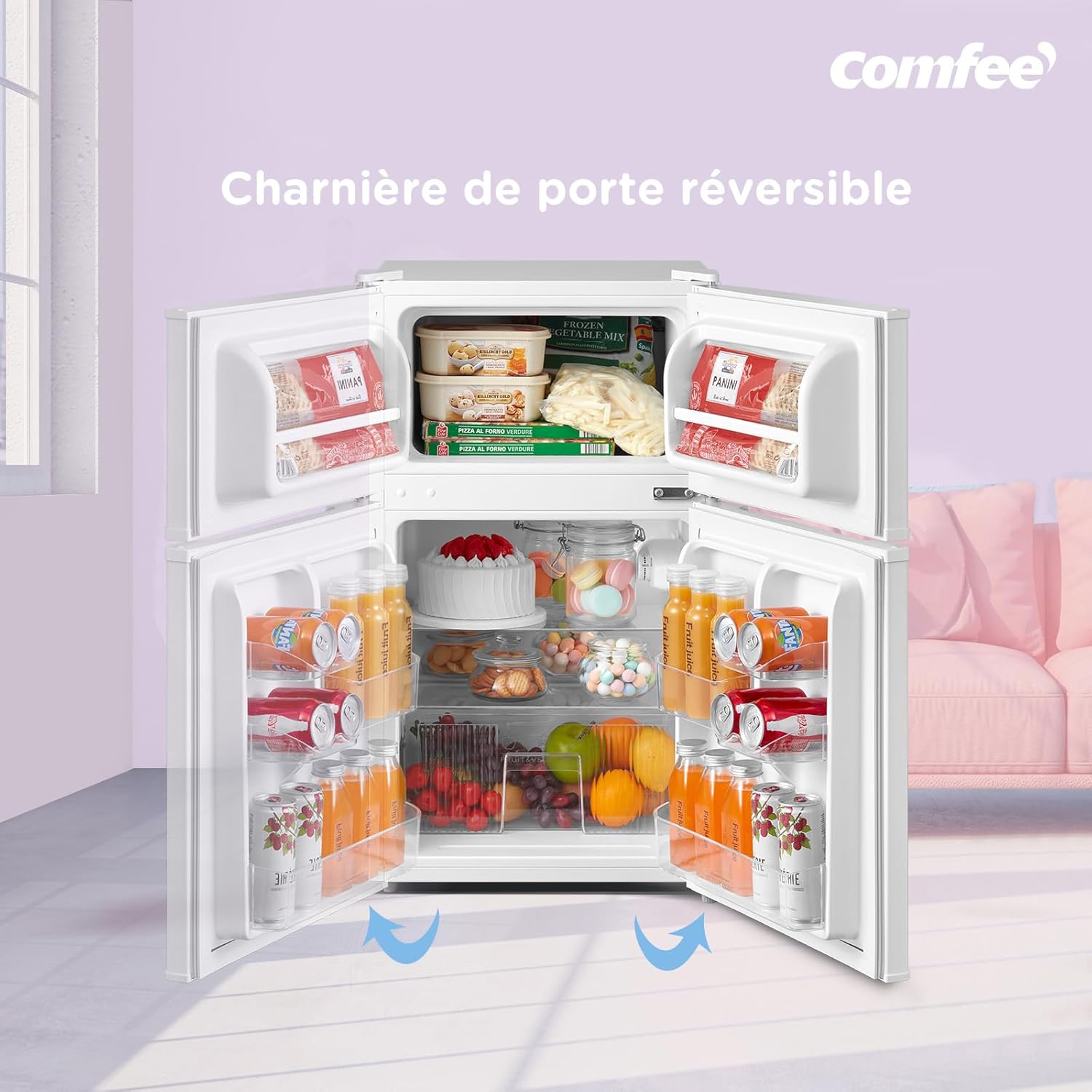 COMFEE' - réfrigérateur sous plan 87L - étagères amovibles, porte réversible, éclairage, thermostat réglable - RCT87WH2(