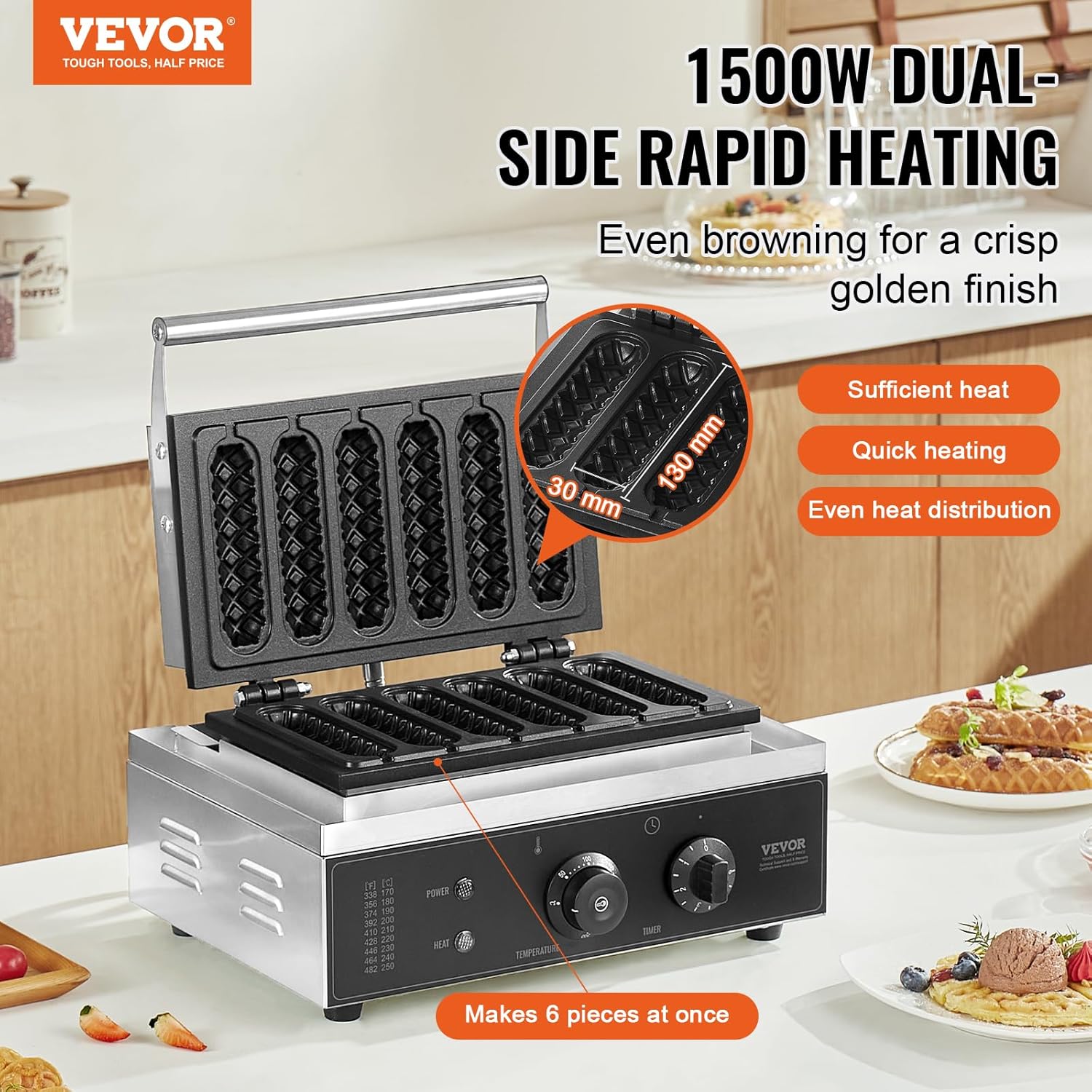VEVOR - Gaufrier commercial 6 pièces - 1500W, acier inoxydable, contrôle température