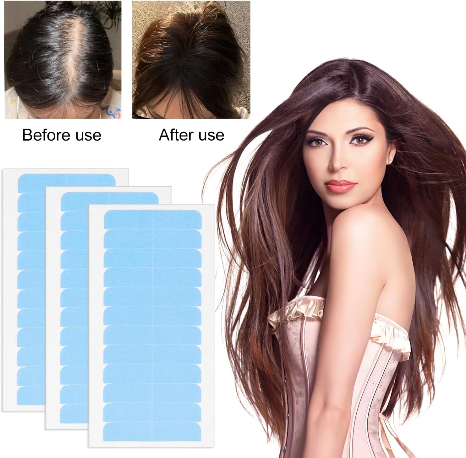 Bande adhésive extension cheveux - lot 240 - 4x0,8cm, double face, bleu