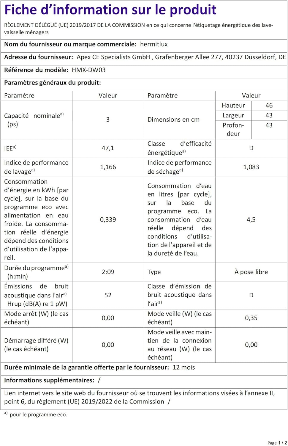 Hermitlux - lave-vaisselle table 5 couverts, 6 programmes, 5L, séchage 73h