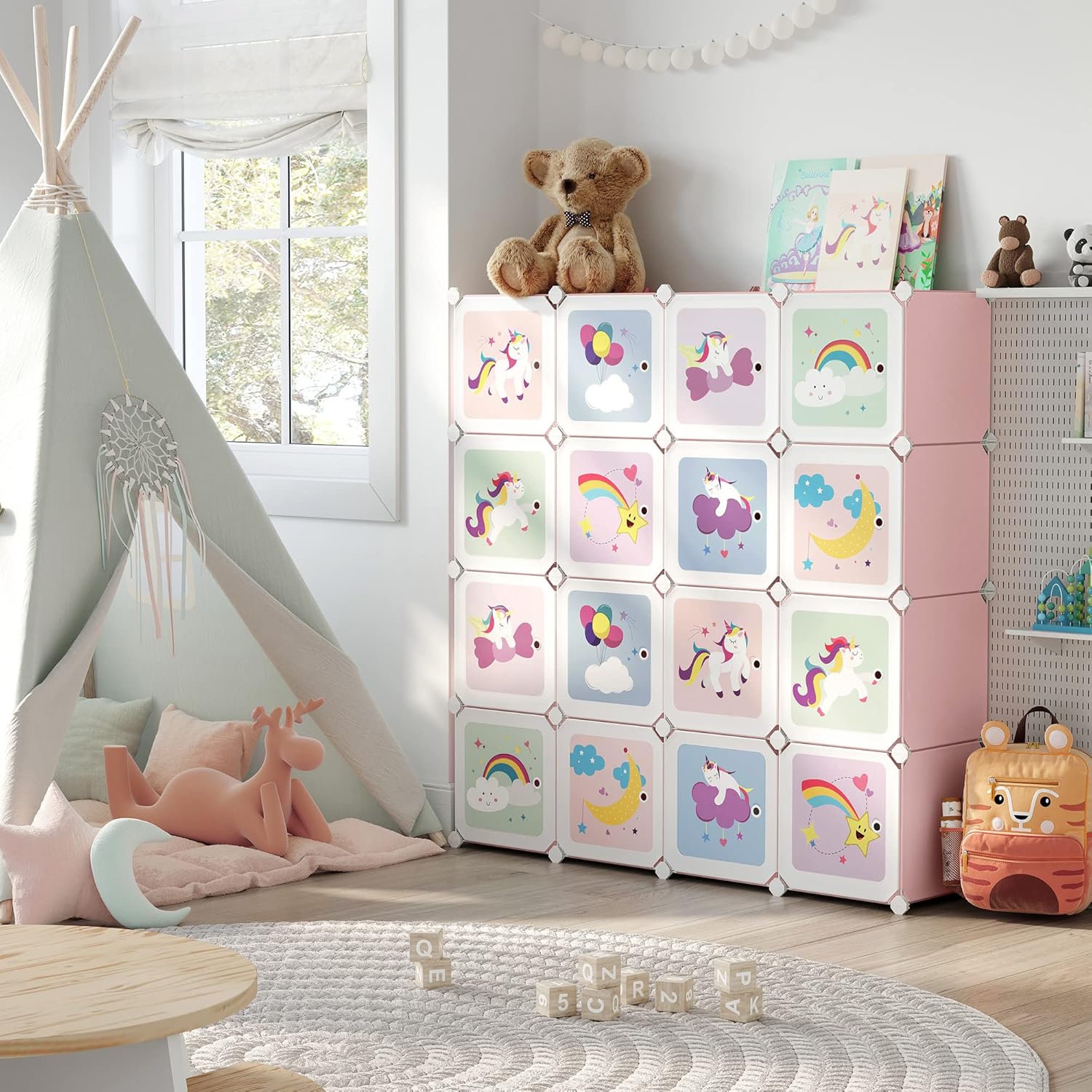 SONGMICS - meuble rangement enfant modulable 16 cubes, 123x31x123cm, rose LPC906P01