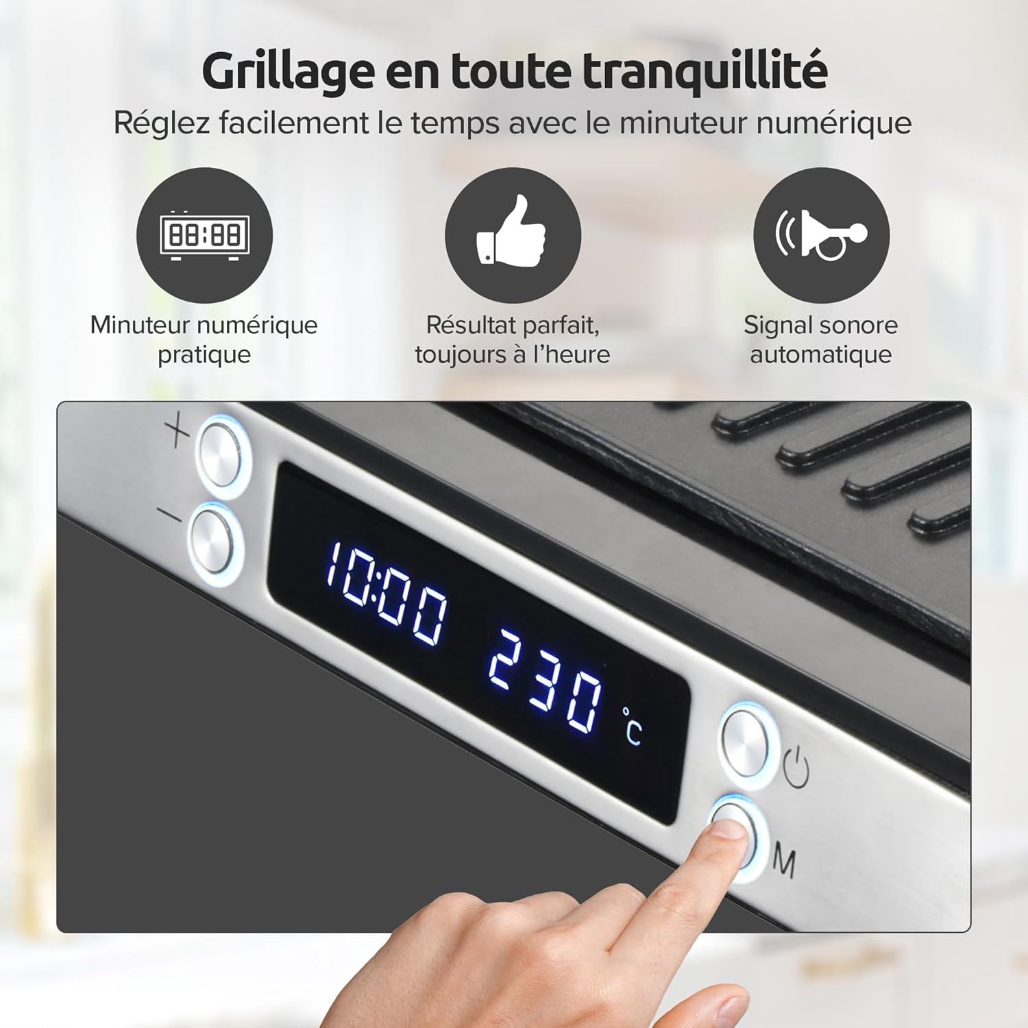 Olvy - Appareil 3-en-1 XXL - 2000W - plaques antiadhésives, ouverture 180°, température réglable, minuterie