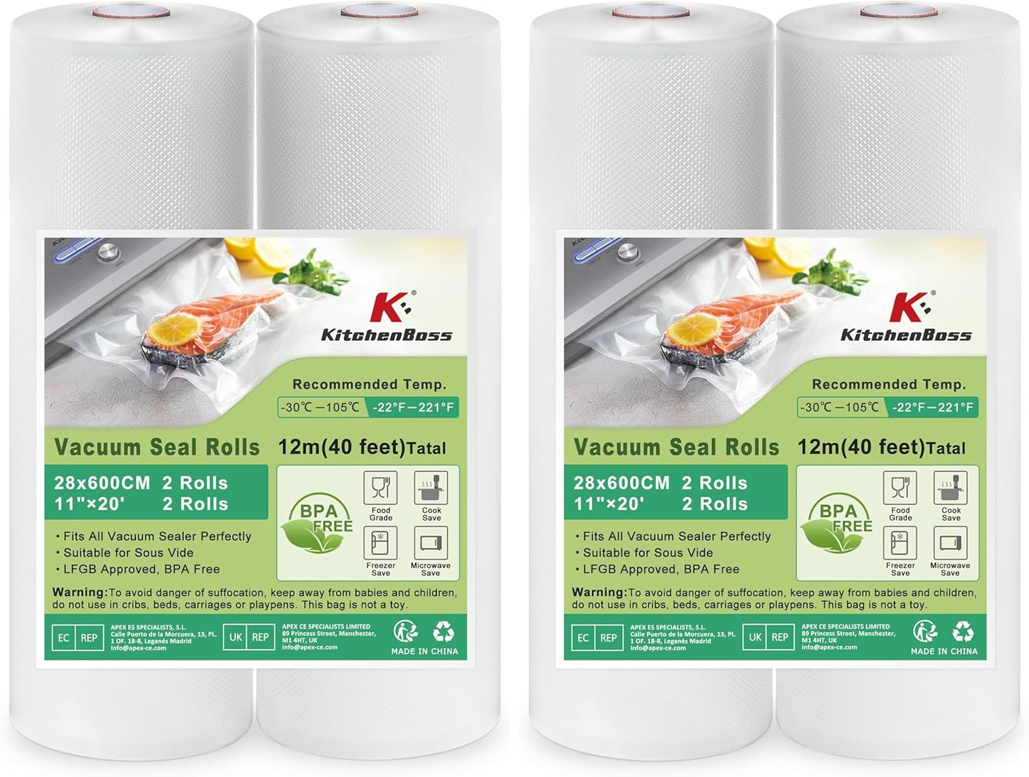 KitchenBoss - rouleaux sous vide alimentaire - 28x600cm - sans BPA, compatibles cuisson