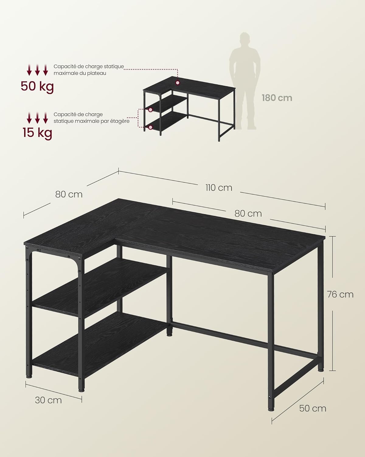 VASAGLE - bureau gaming LWD135BE01 - 110x80cm - étagères réglables, rangement