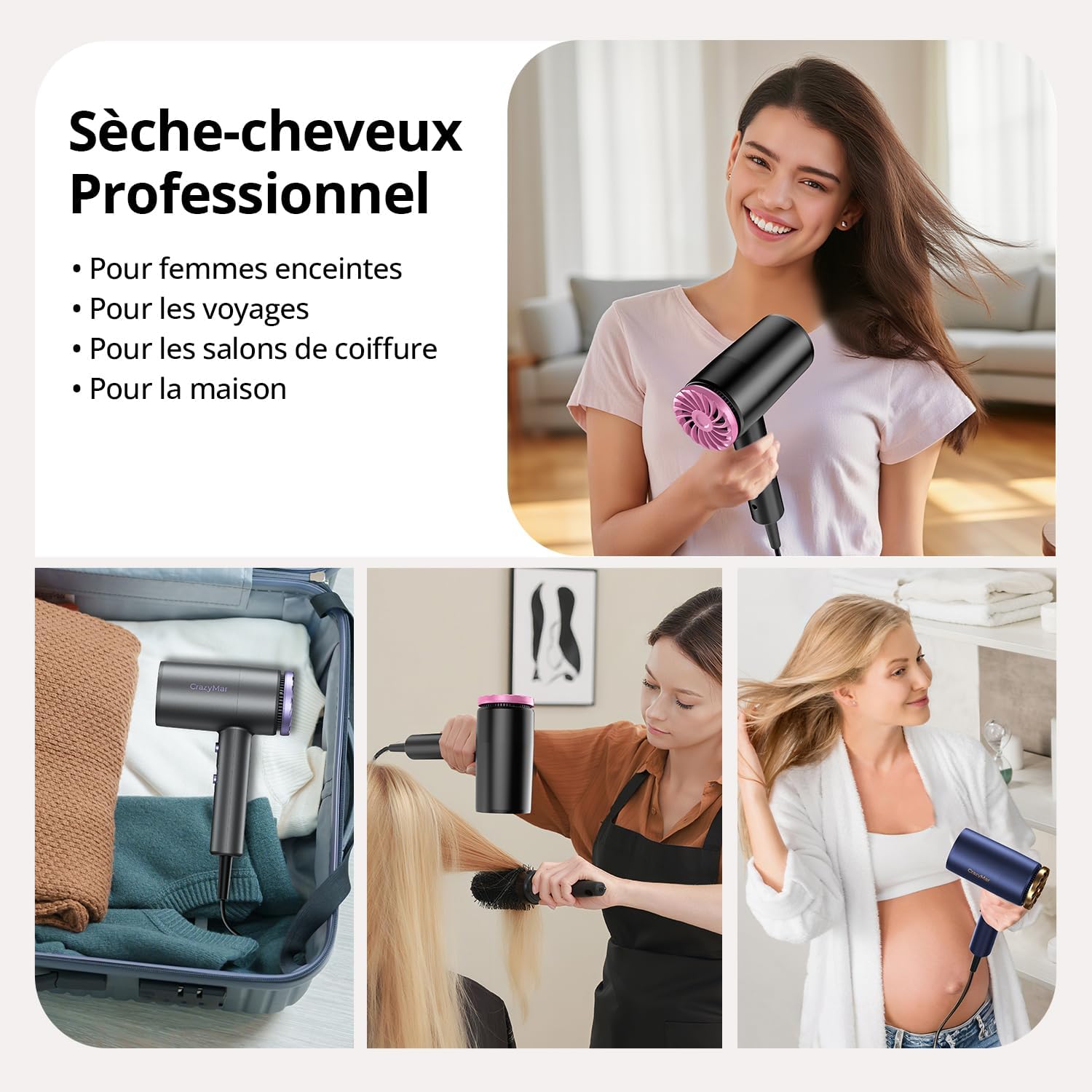 Sèche-cheveux professionnel - compact léger - ions négatifs, 3 vitesses, diffuseur - 350M