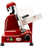 Plusieurs vues d'une trancheuse à viande commerciale rouge avec lame en acier inoxydable, montrant différents angles de la machine avec bouton de commande et dispositifs de sécurité.