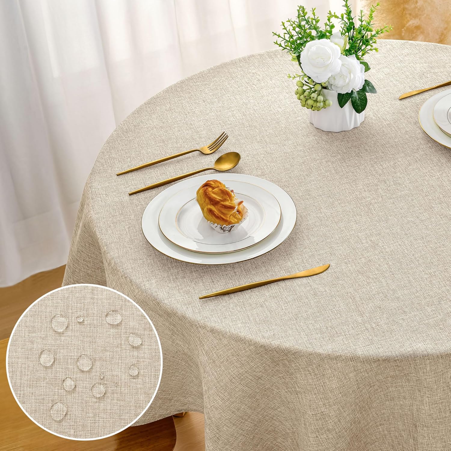 DWCN - nappe ronde lin beige - 120 cm - lavable, résistante intempéries