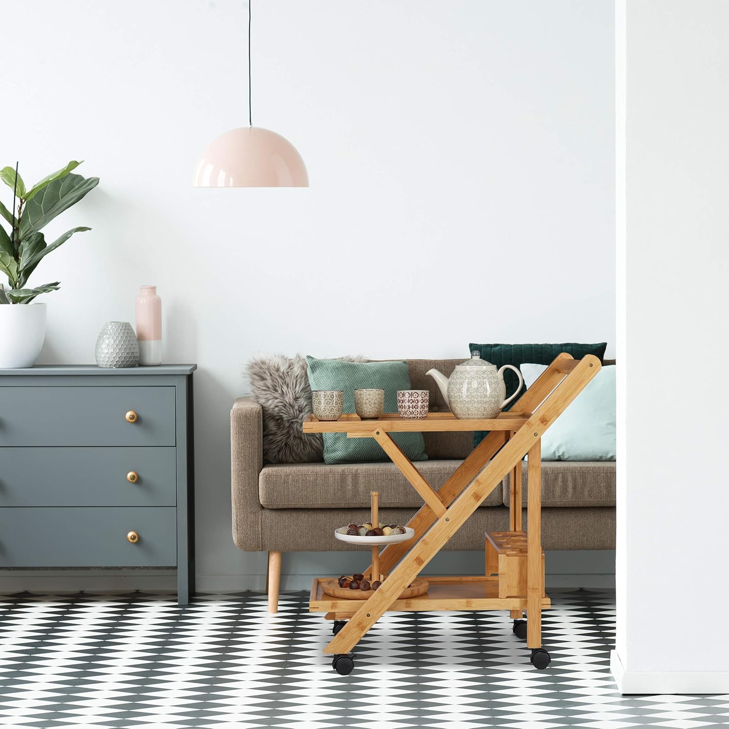 Relaxdays - desserte cuisine pliante bambou 70x40,5x65cm, brun/noir