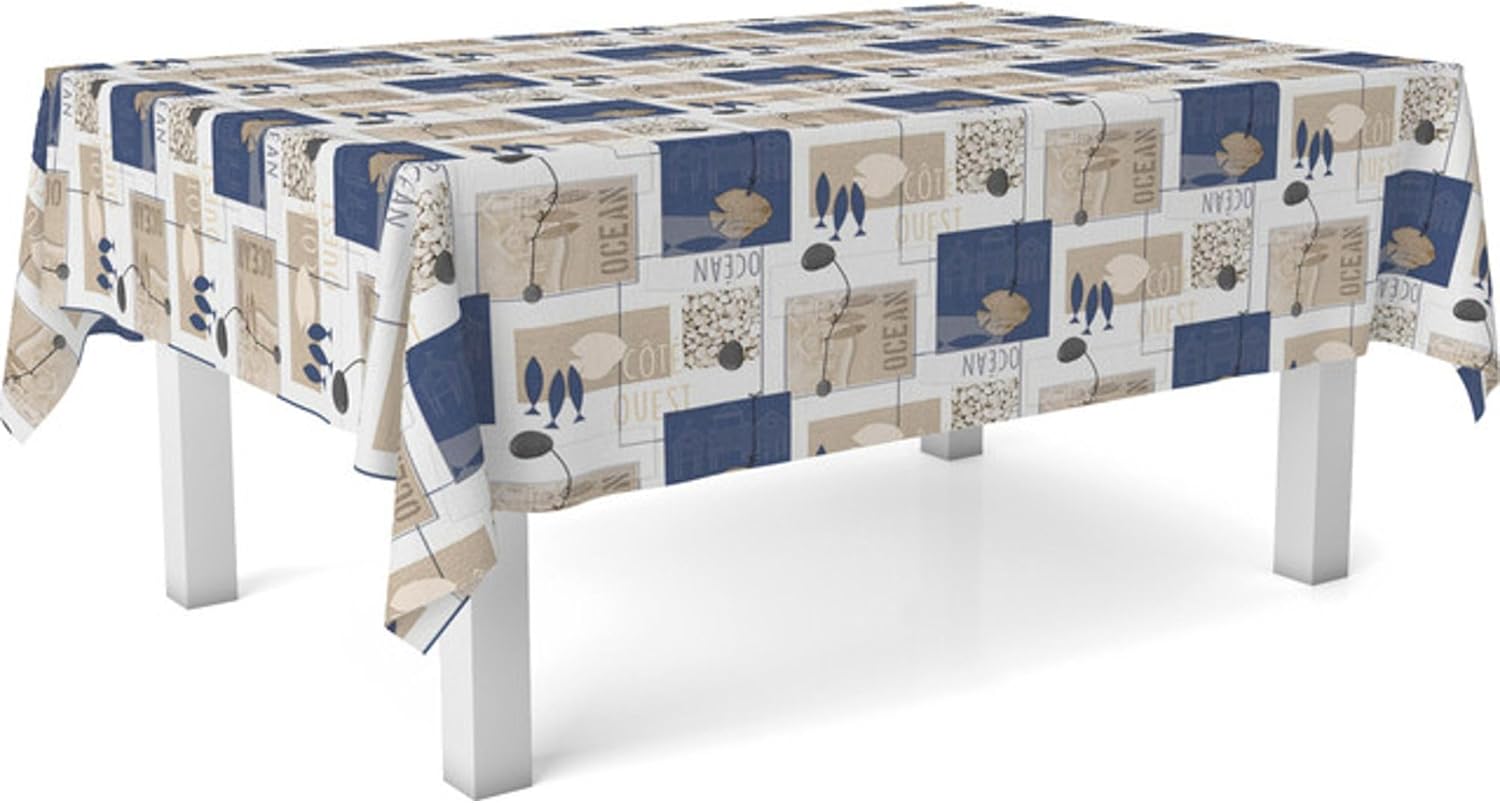 Nappe en toile cirée - rectangulaire 200x140cm - anti-taches, imperméable, entretien facile, Ocean Bleu