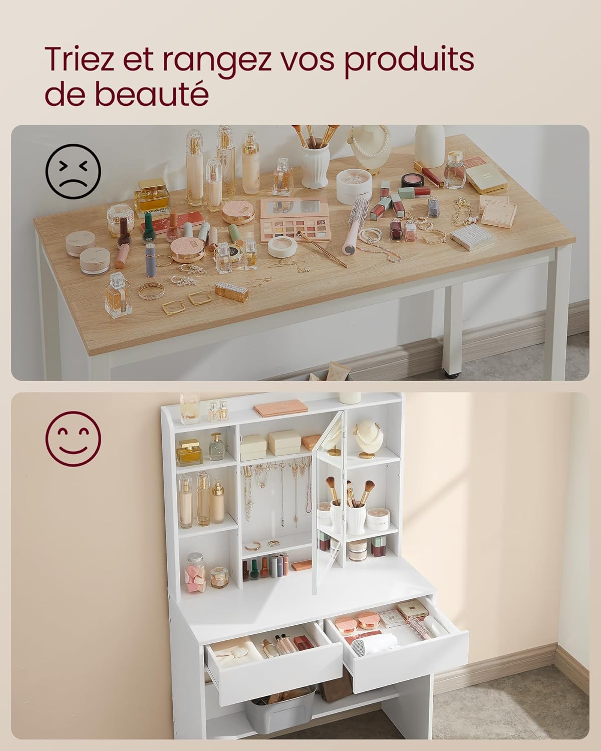 VASAGLE - Kailyn Collection - grande coiffeuse blanche, miroir LED, 2 tiroirs, étagère réglable, RDT123WB01