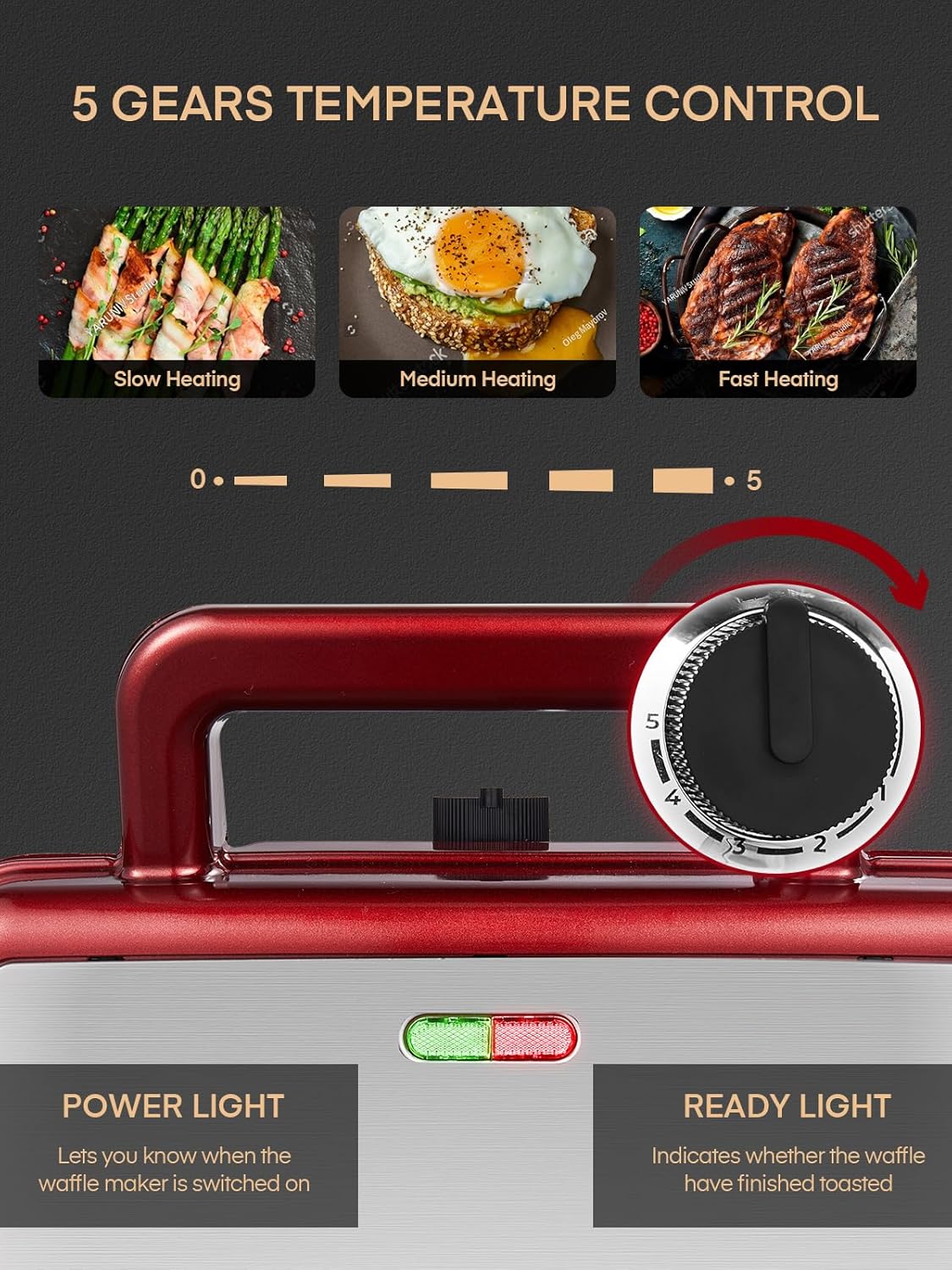 Croque Monsieur multifonction - 1200W - plaques amovibles, 5 vitesses, chauffe rapide, nettoyage facile, rouge