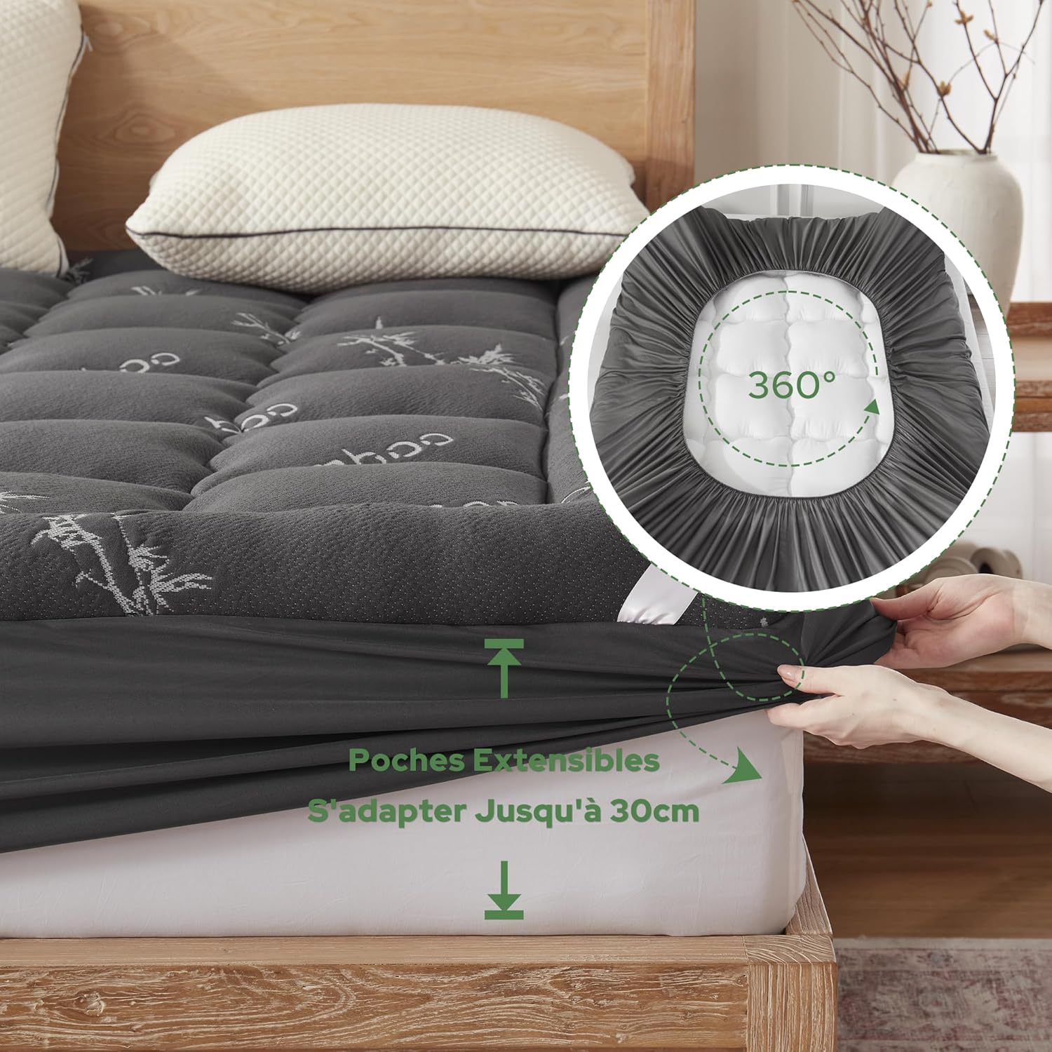 BEDLORE - surmatelas matelassé, 90x200cm, viscose bambou, bonnet 30cm, Oeko-Tex, gris foncé