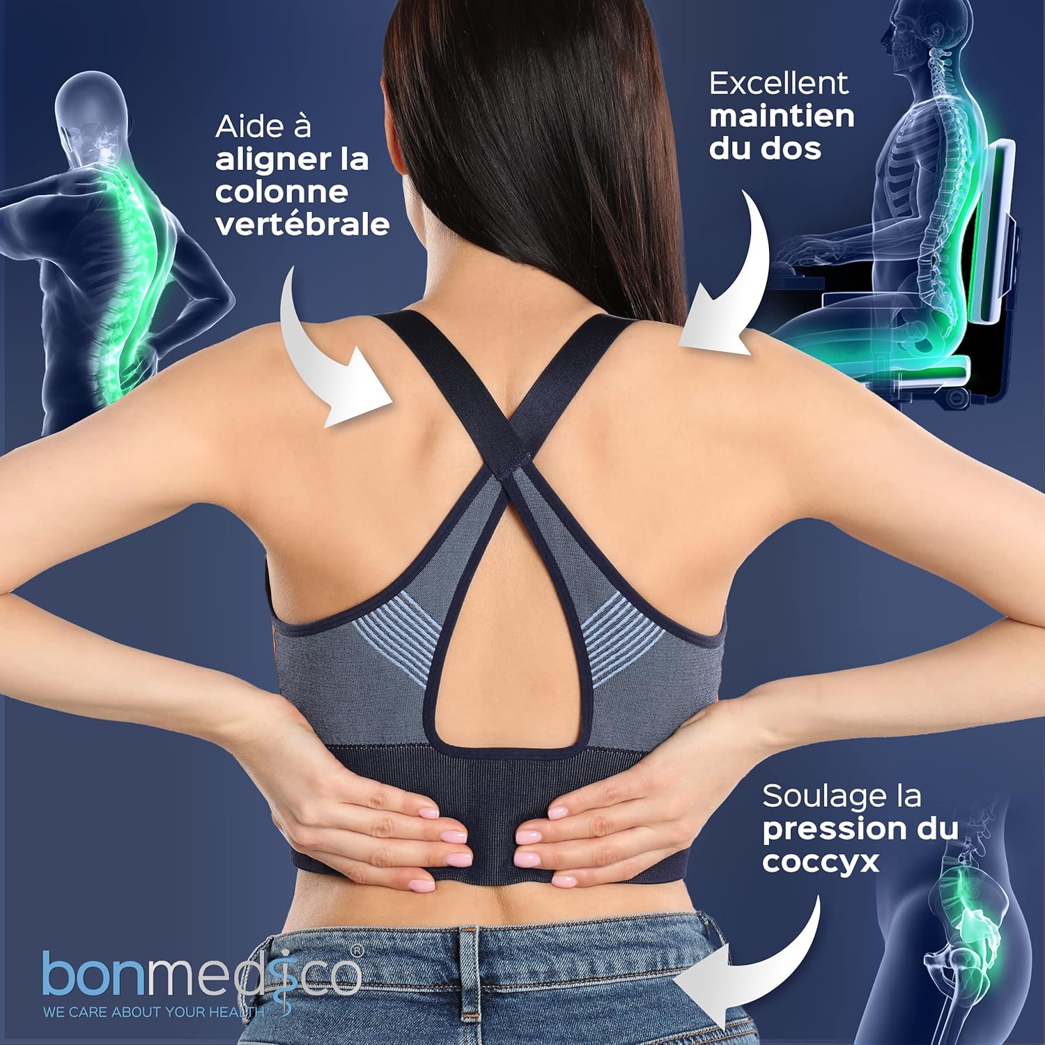 Coussin ergonomique assise, bleu, standard, mémoire de forme, soutien lombaire