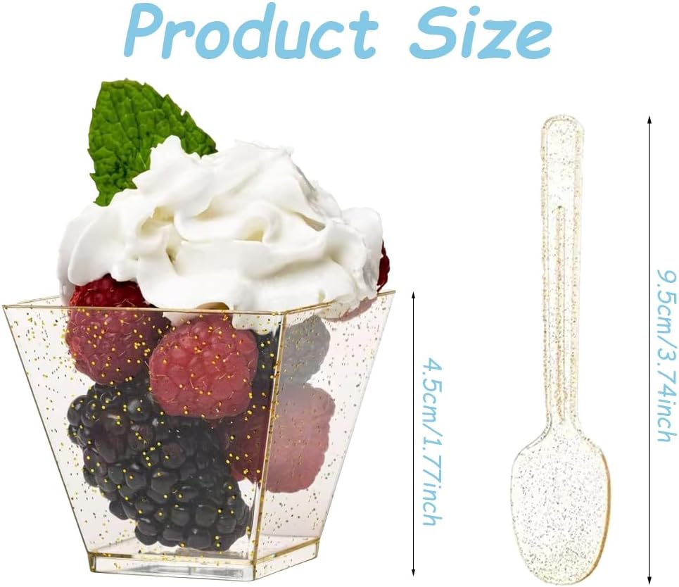 Tasses à dessert - 50pcs, 60ml, réutilisables, avec cuillères, plastique, or