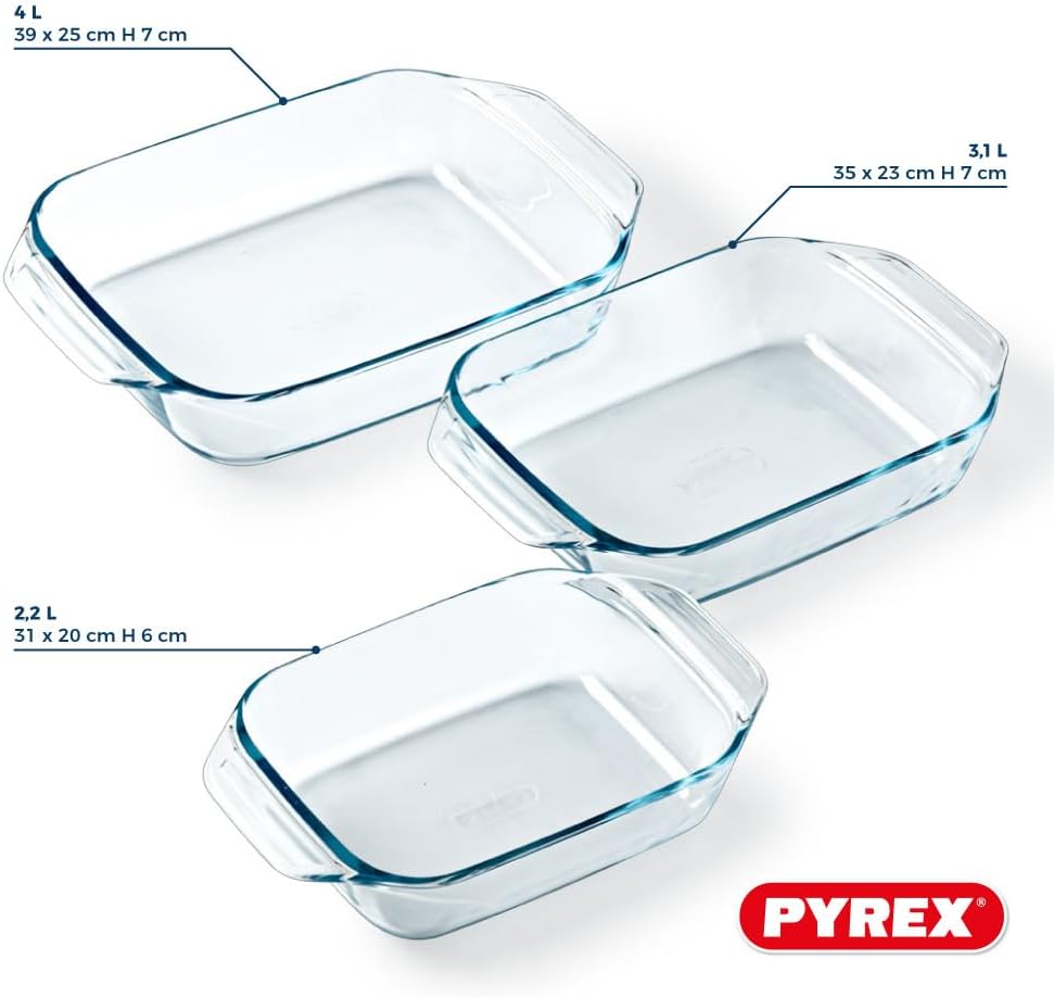 Pyrex - Lot de 3 plats à four rectangulaires - larges poignées, verre borosilicate, format familial