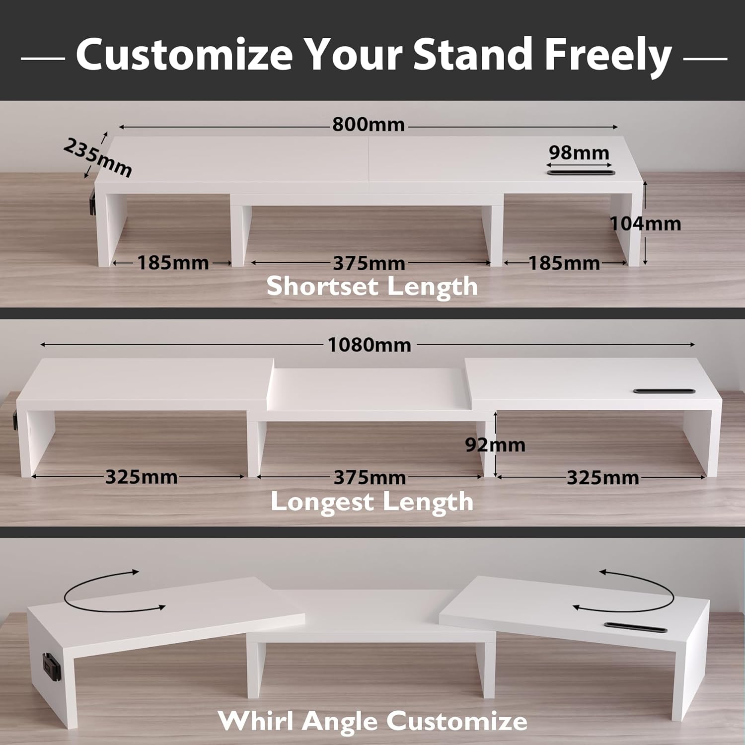BONTEC - Support moniteur double réglable bois, blanc, longueur ajustable