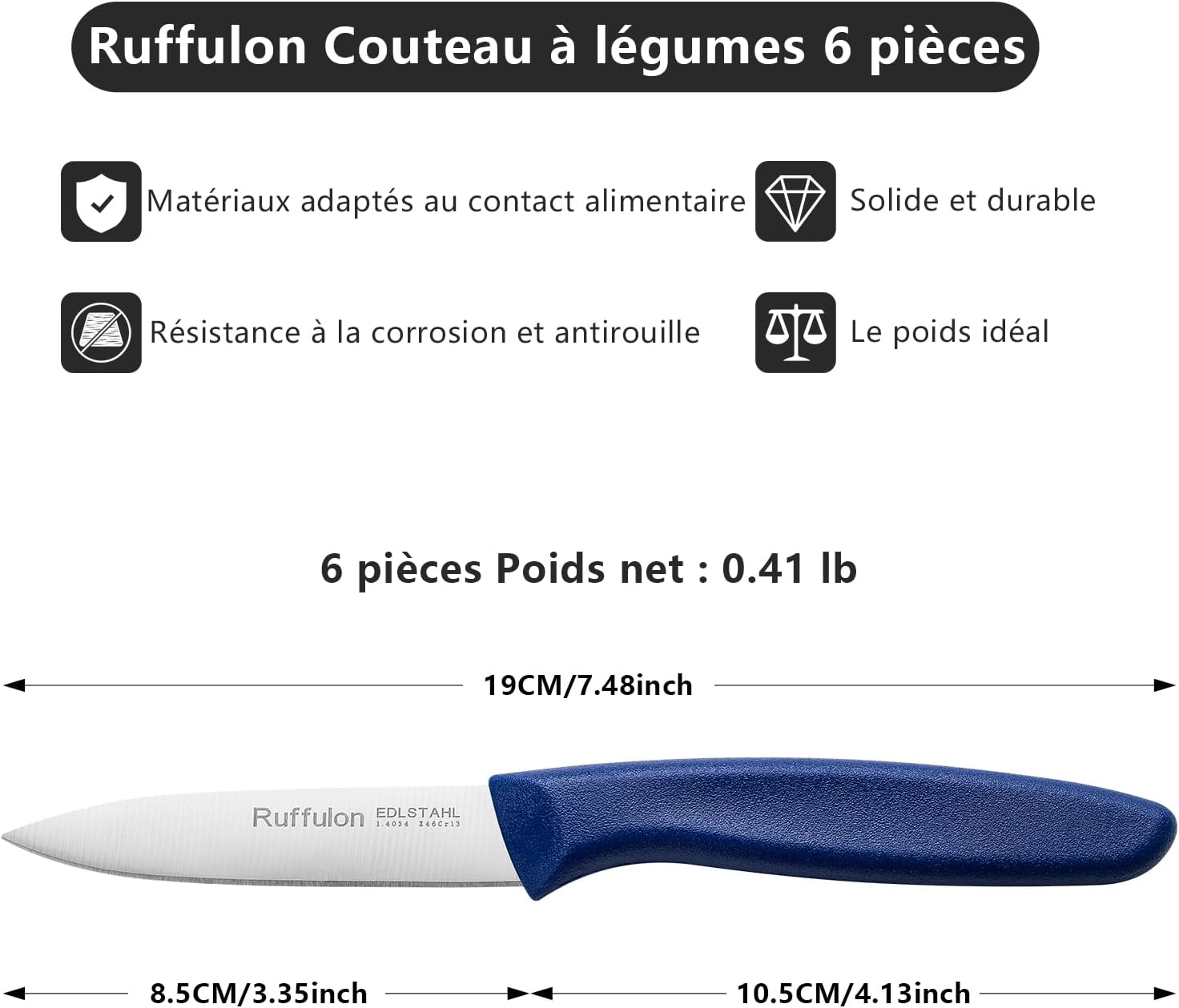 Couteaux à légumes - 6 pièces inox, manche ergonomique, lavable, colorés