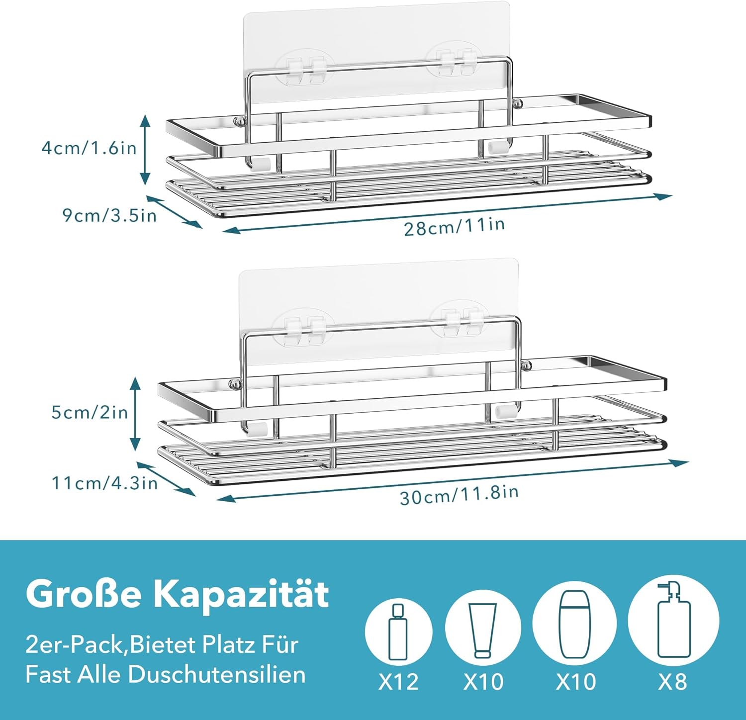 Étagère salle de bain - pack 2 - sans perçage, argenté, adhésif puissant