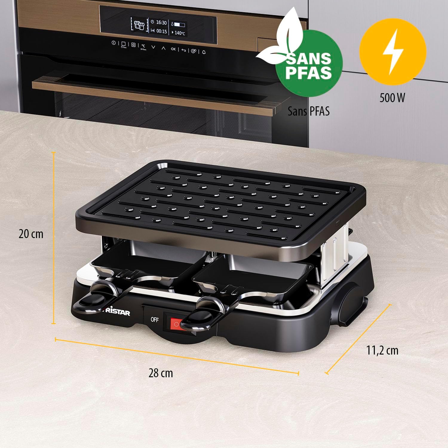 Tristar - raclette gril 4 personnes, revêtement antiadhésif, 500 W, RA-2949