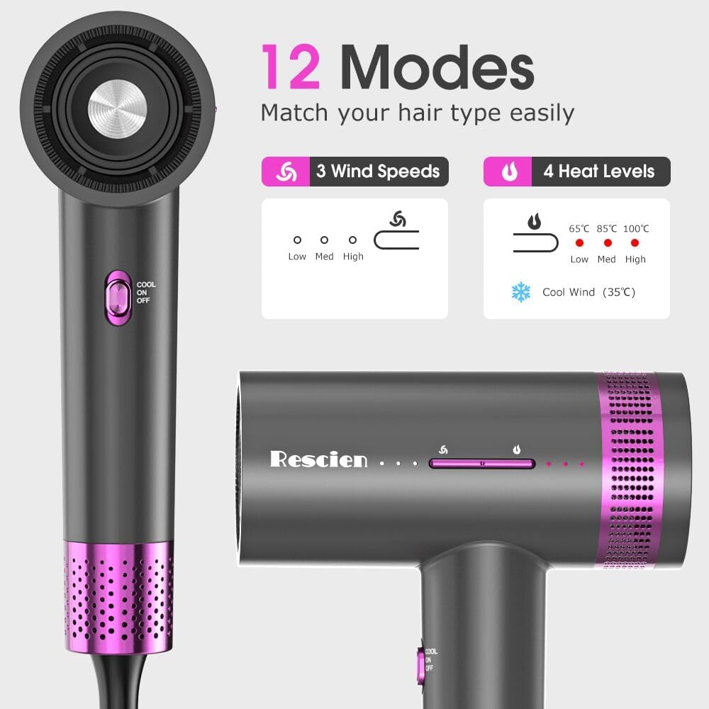 Sèche-cheveux ionique - 2000W - moteur 110000 tr/min, plasma 1750M, buse magnétique, chaud/froid