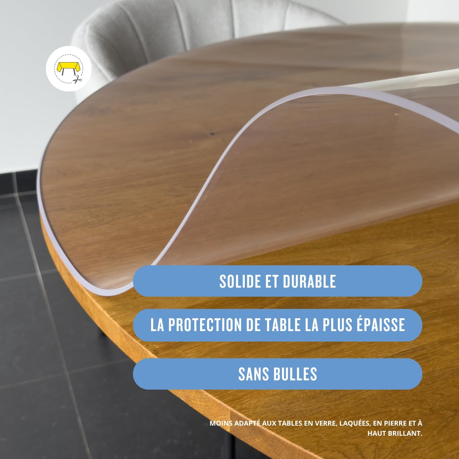 Nappe transparente ronde – 90 cm – épaisseur 3mm, anti-tache, lavable
