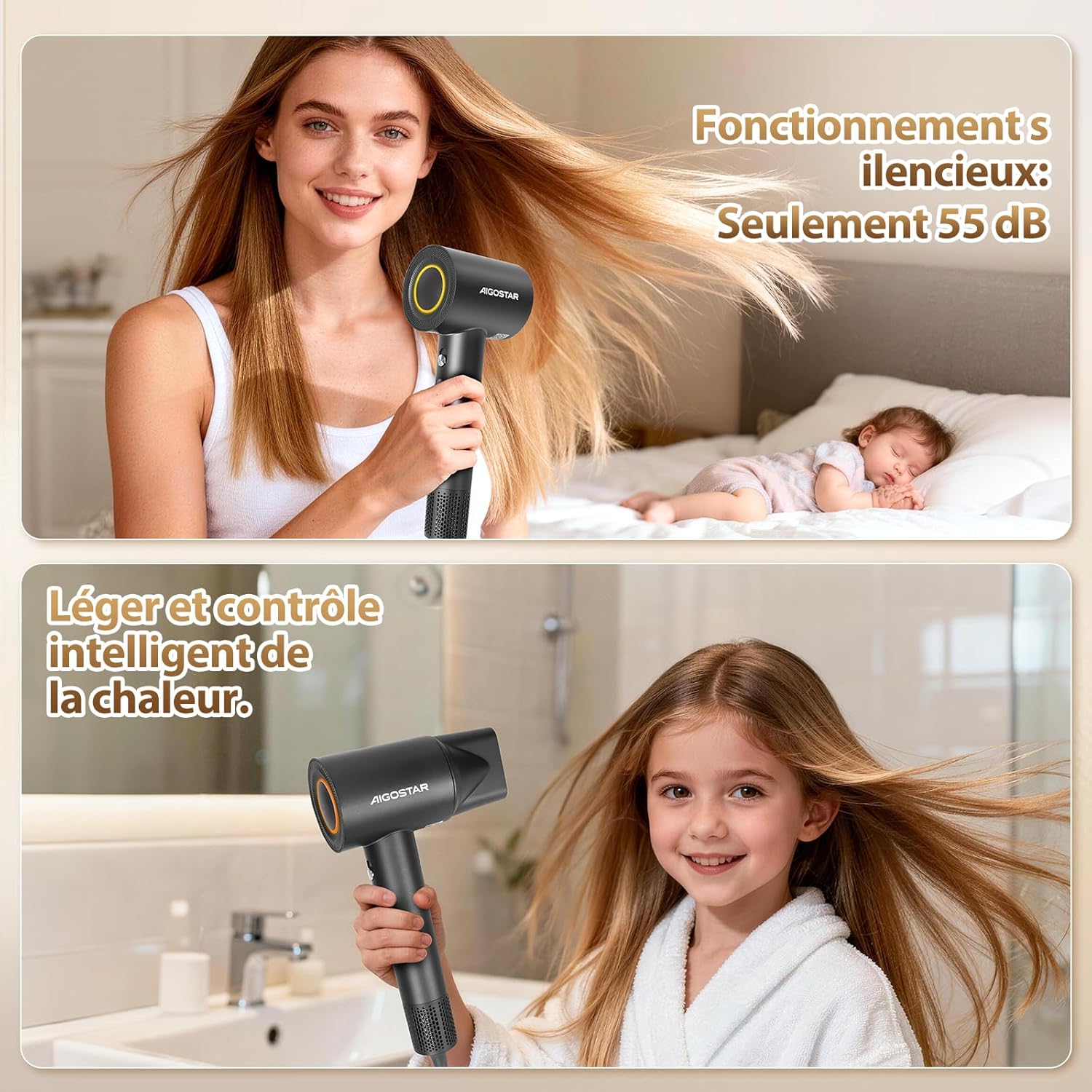 Aigostar - Sèche-cheveux BLDC léger, 450g, 200M ions, silencieux, 55dB, 110.000 tr/min