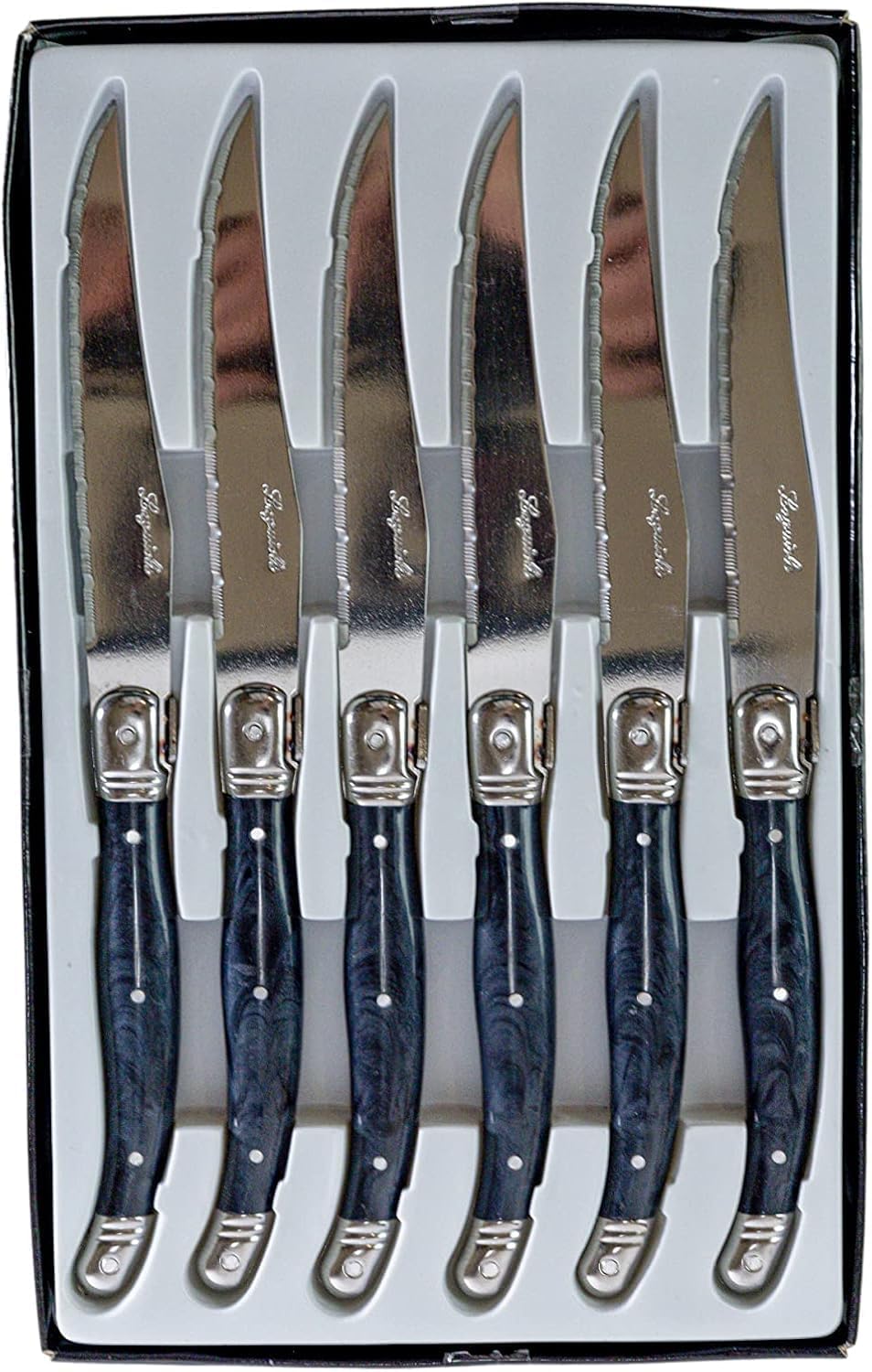 Pradel - Set Laguiole Excellence - 15,7x25,7x1,5 cm - 6 couteaux inox microdentés, manche ABS gris