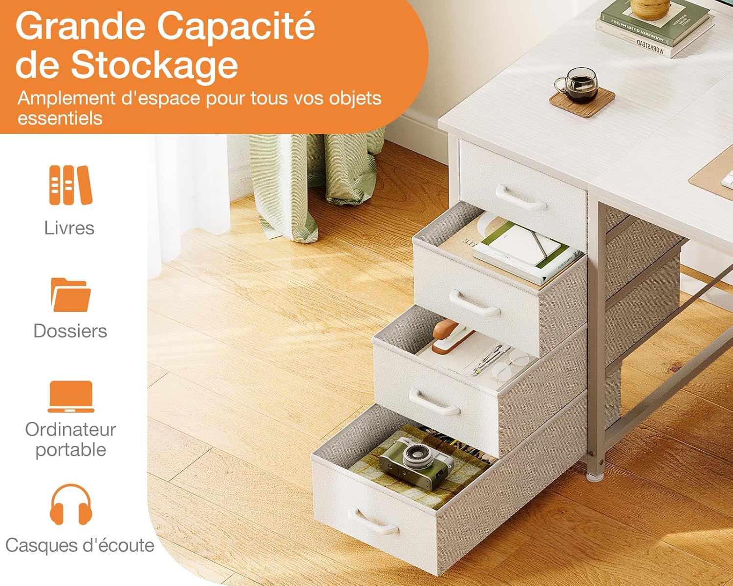 Coleshome - bureau avec 8 tiroirs tissu - 120x48cm - blanc, robuste, rangement