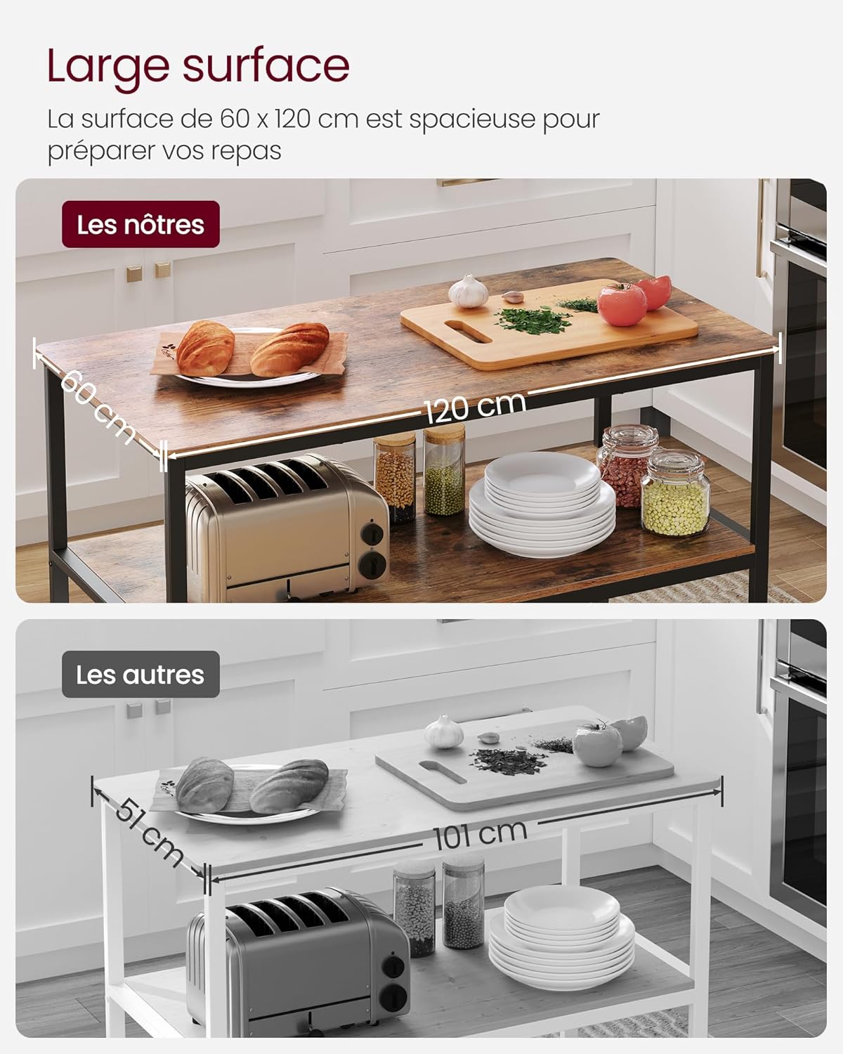 VASAGLE - îlot de cuisine industriel, 120x60x90 cm, acier stable, plan de travail spacieux