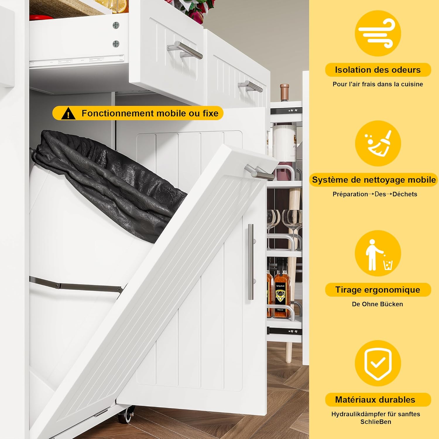 Desserte îlot cuisine - plan rabattable, USB, tiroirs, rangement, blanc