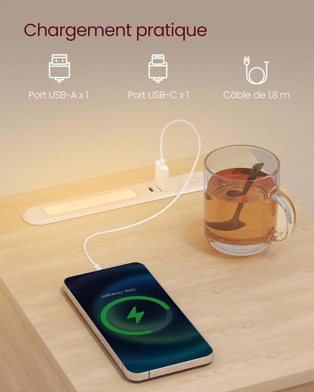 VASAGLE - table de chevet lot de 2 - rangement LED USB - LET710Y01