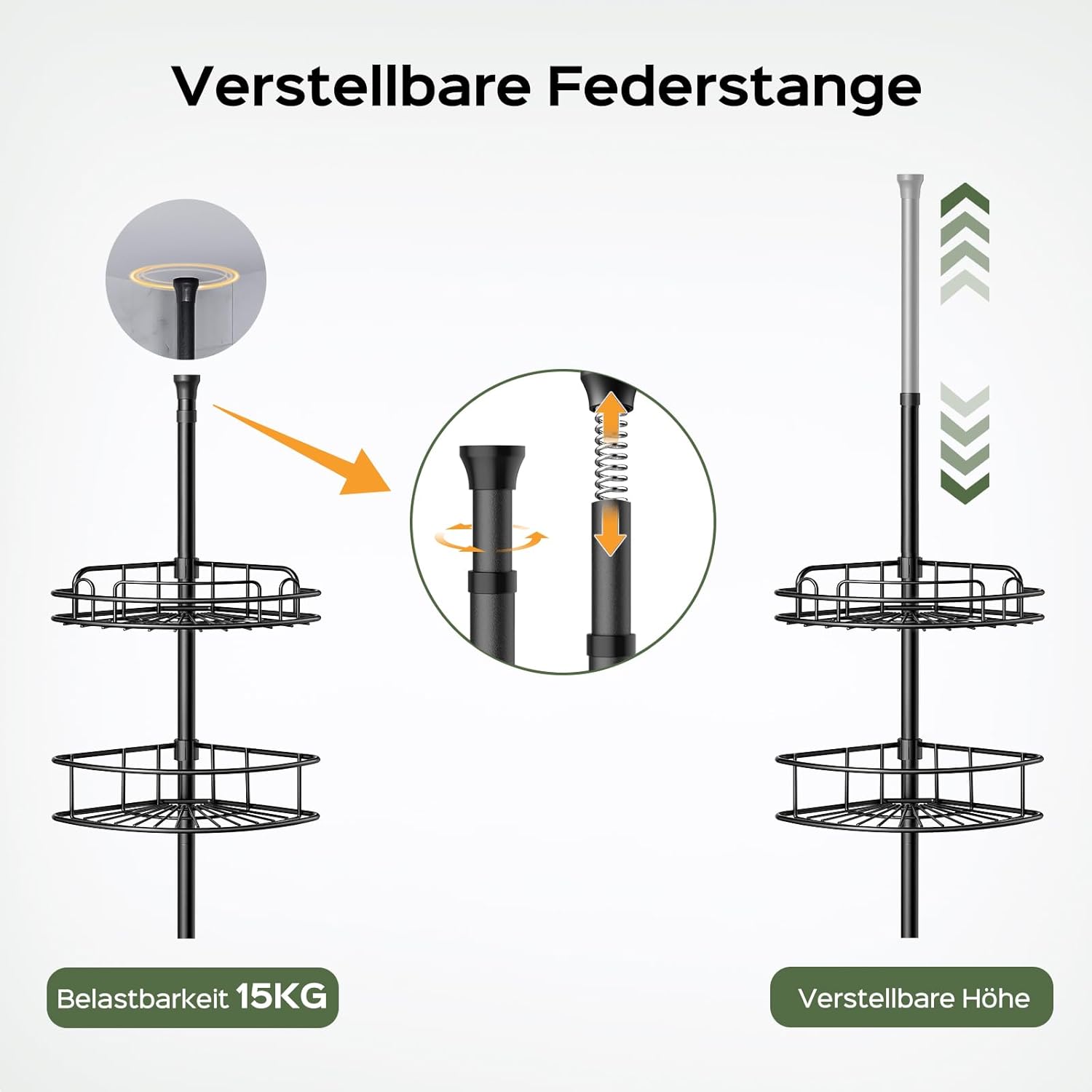 HAMITOR - étagère de douche d'angle télescopique - 121-314cm - 4 niveaux métal, sans perçage, noir