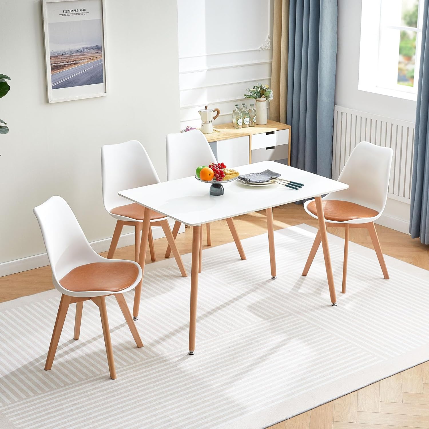 EGGREE - Lot de 8 chaises scandinaves, bois hêtre, cuir PU, blanc/marron