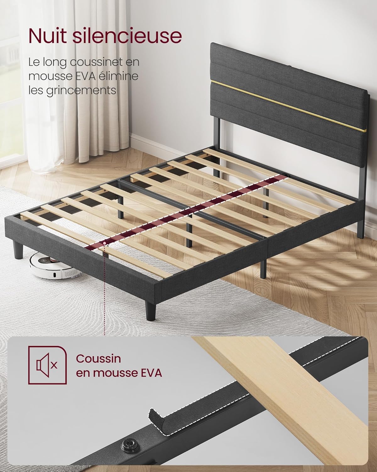 VASAGLE - lit double série RMB503G01 - 140x190 cm - métal, bois massif, tête de lit ajustable, gris ardoise RMB503G01