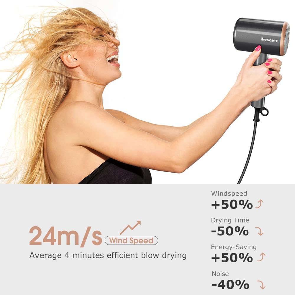 Sèche-cheveux ionique - 2400W compact - 3 vitesses, 3 températures, accessoires, sac de rangement