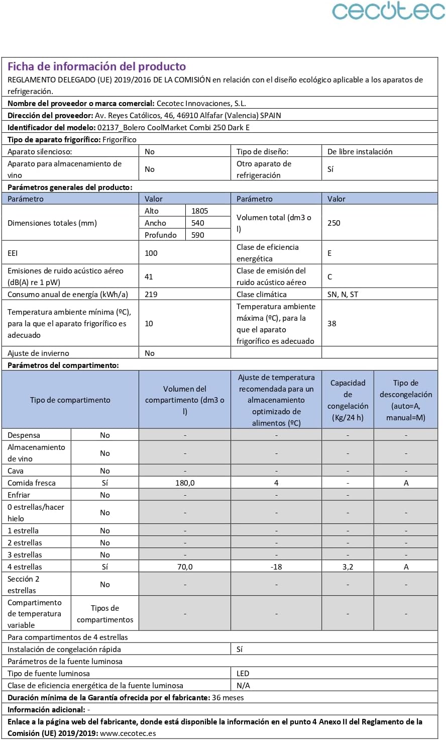 Cecotec - Bolero CoolMarket Combi - 250L - No-Frost Multi Airflow, porte reversible, D, 8435484046140