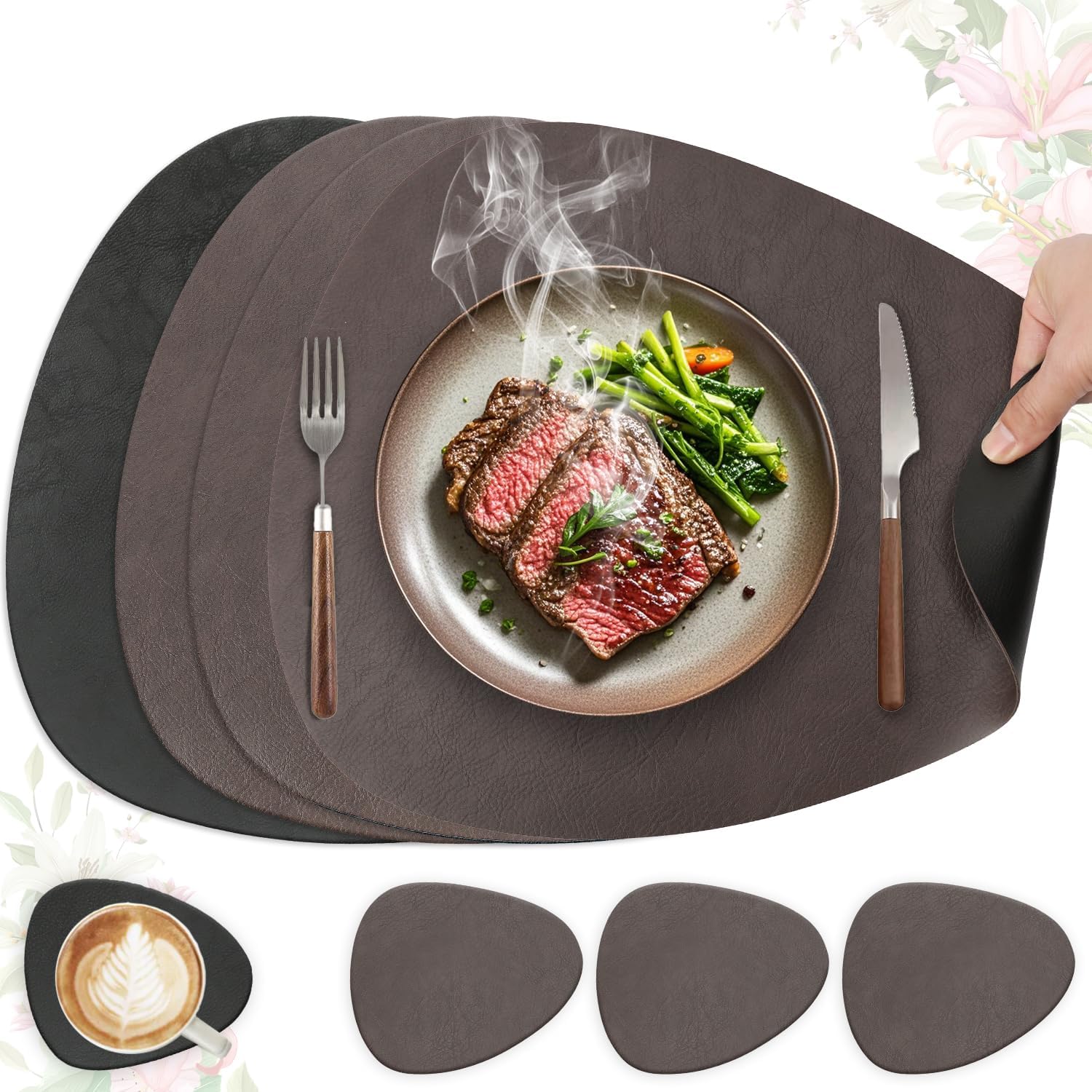 Set de table - ovale, 41x33cm, lavable, antidérapant, cuir PU, lot de 4