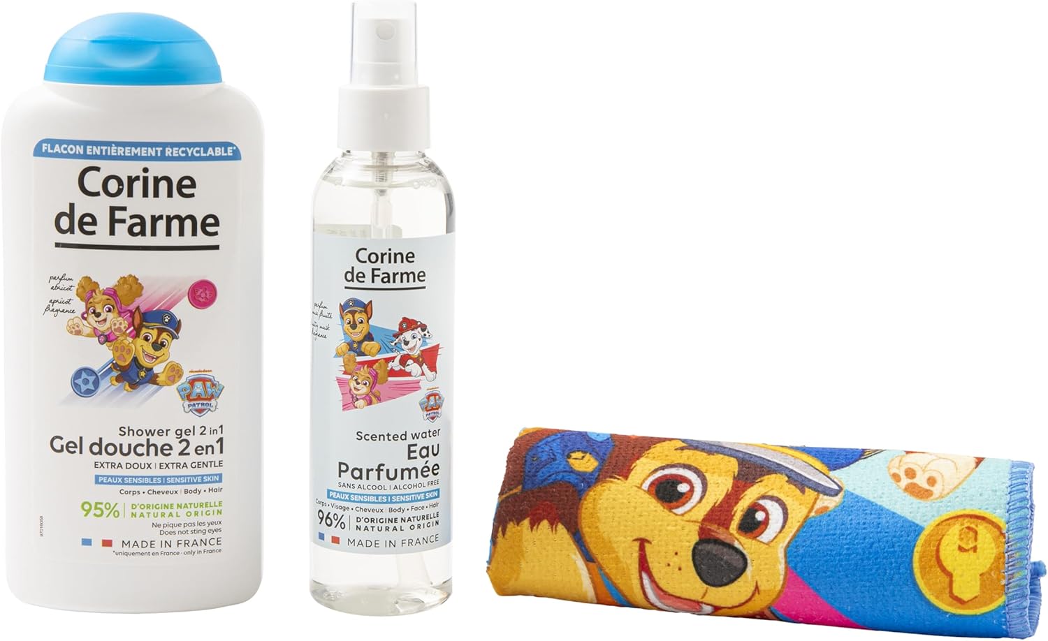 Corine de Farme - Pat Patrouille - 150ml/300ml/30x30cm - Eau parfumée musc fruité, gel douche 2en1 abricot, serviette, 9