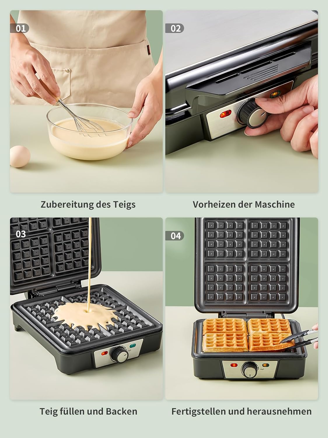 Gaufrier belge électrique - 1200W, 5 vitesses, poignée isolante, lumière cuisson