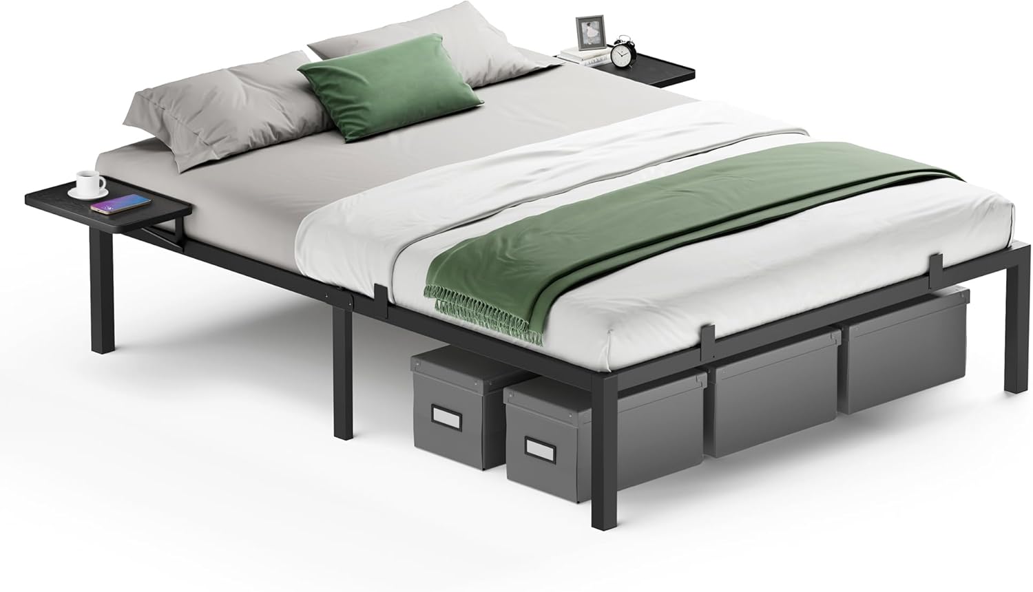 VASAGLE - Cadre de lit métal, étagères, tête de lit, 160x200 cm, RMB095B01