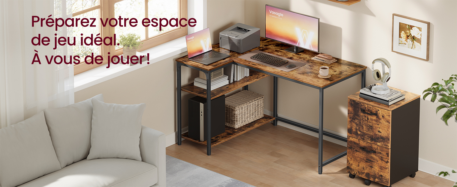 Le texte se lit comme suit : « Préparez votre espace de jeu idéal... À vous de jouer ! » Plusieurs images montrent une configuration de jeu avec un bureau, une chaise et un équipement informatique à la maison.