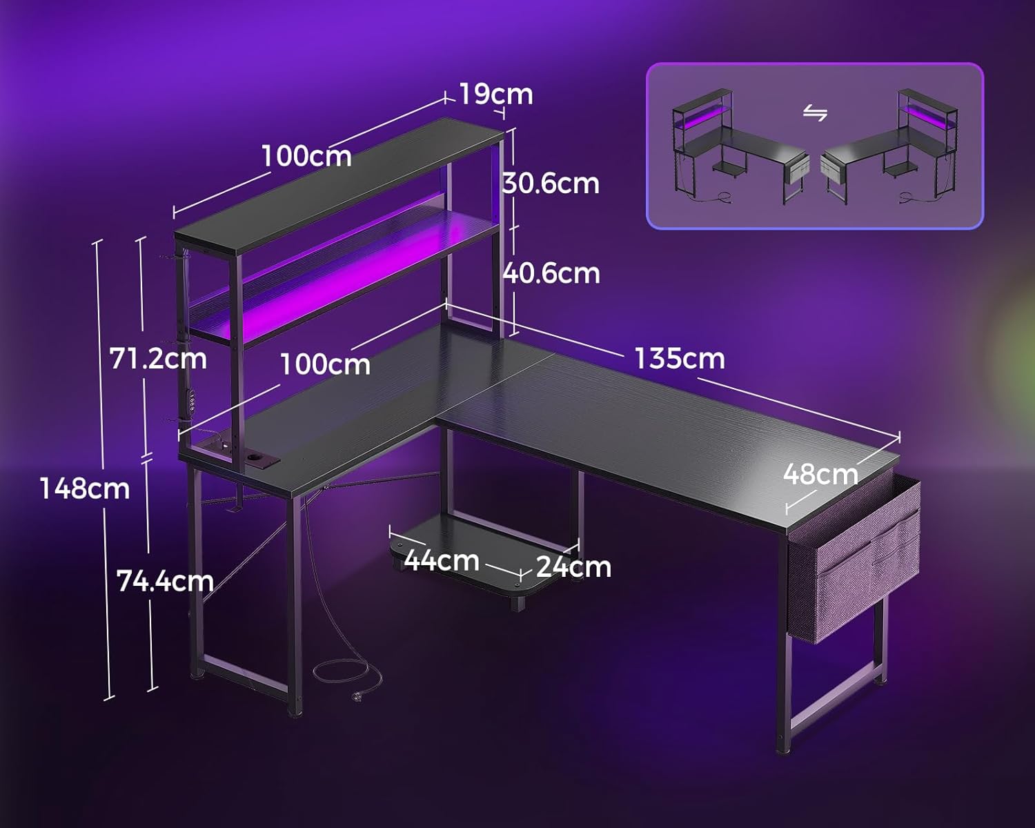 Coleshome - Bureau gaming LED réversible 135x100cm, étagères, rangement