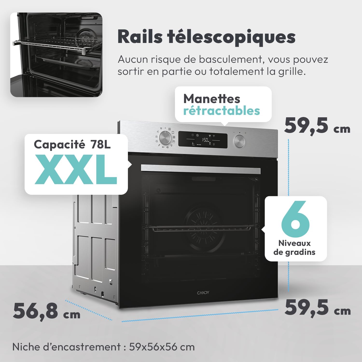 Candy - Four Série XXL - 59,5x59,5x56,8 cm - pyrolyse, 78L, A++, rails télescopiques - FCPKS826XL