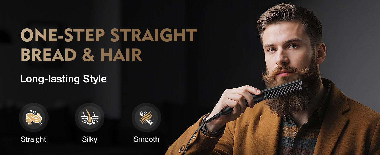 Le texte indique « Style durable pour barbe et cheveux raides en une étape ». Image promotionnelle foncée montrant un produit coiffant avec trois icônes circulaires.