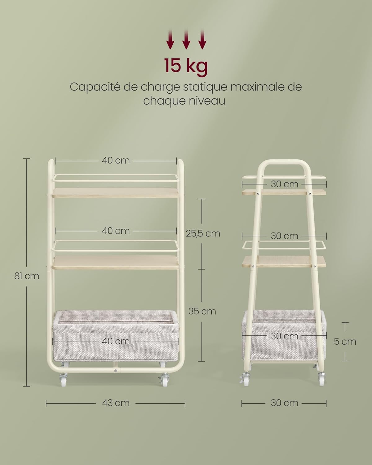 VASAGLE - LILEA Collection - chariot 3 niveaux, étagères tissu, beige/blanc, LRC001LL02